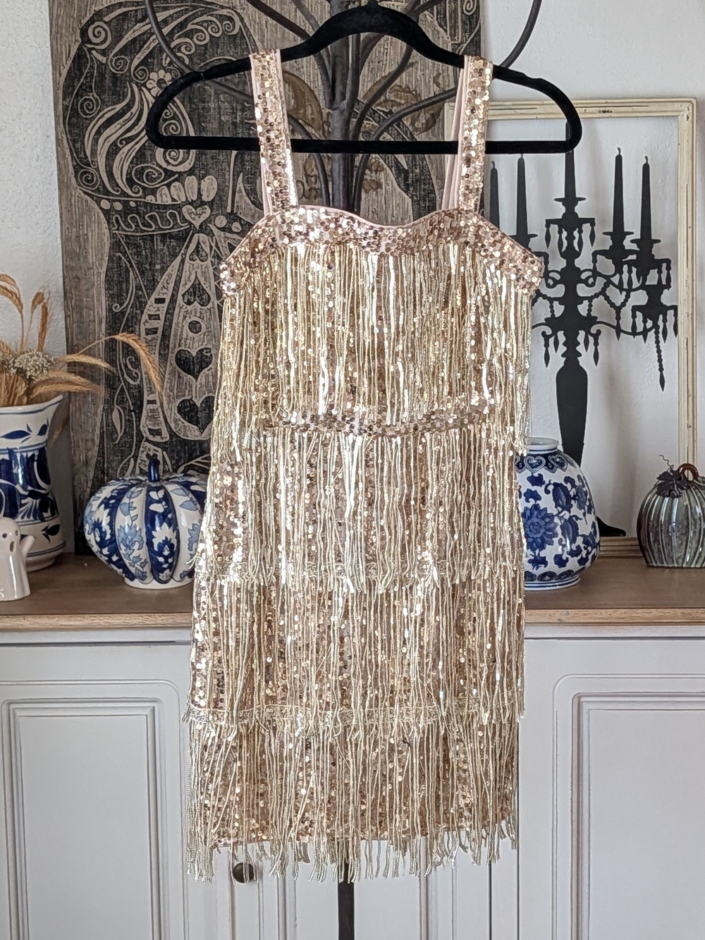 SHEIN Gold Sequin Fringe Mini Dress Size XS